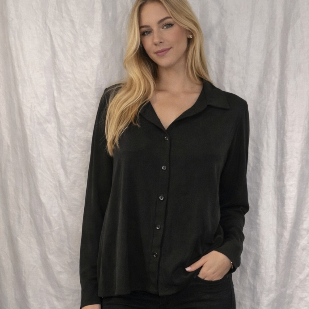 Worthington Black Button-Down Long Sleeve Blouse #215